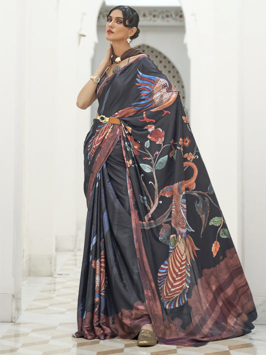 Women's Crepe Black Digital Print Celebrity Saree With Blouse Piece