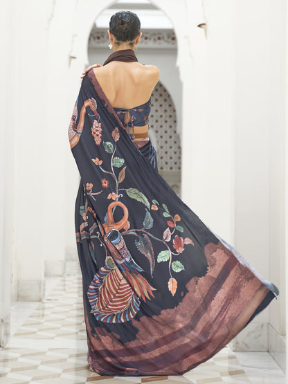 Women's Crepe Black Digital Print Celebrity Saree With Blouse Piece