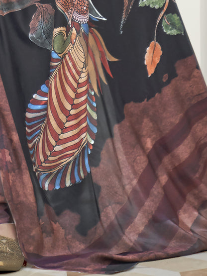 Women's Crepe Black Digital Print Celebrity Saree With Blouse Piece