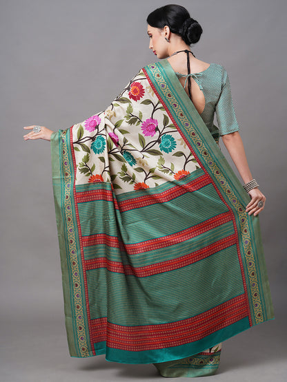 Women's Manipuri Silk Cream Printed Designer Saree With Blouse Piece