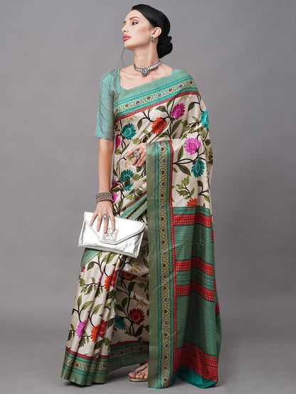 Women's Manipuri Silk Cream Printed Designer Saree With Blouse Piece