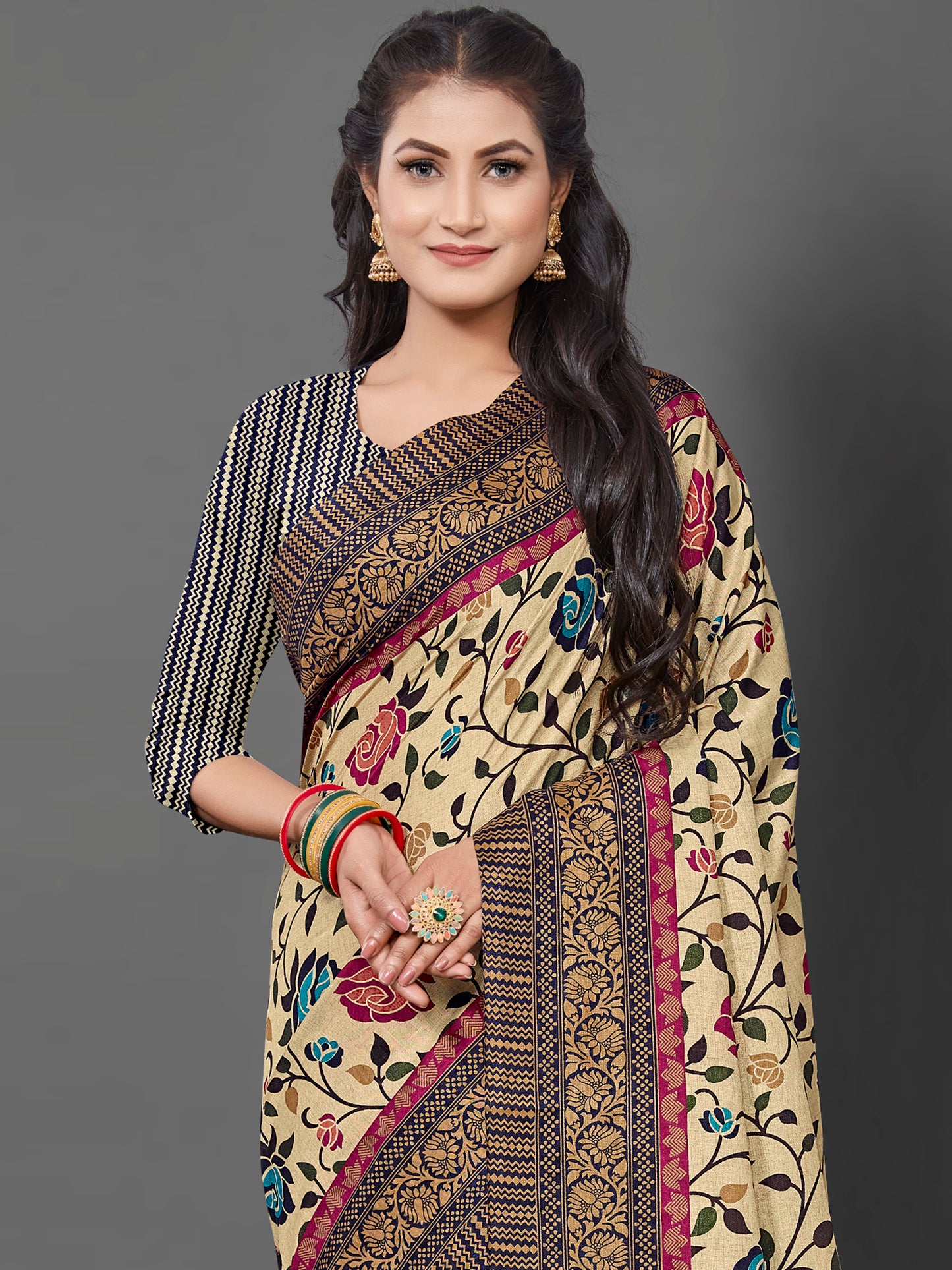Women's Manipuri Silk Cream Printed Designer Saree With Blouse Piece