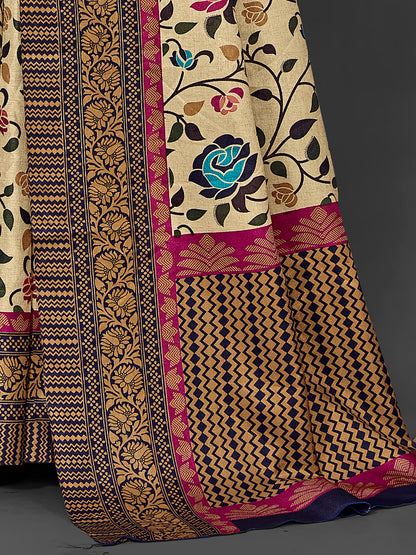 Women's Manipuri Silk Cream Printed Designer Saree With Blouse Piece