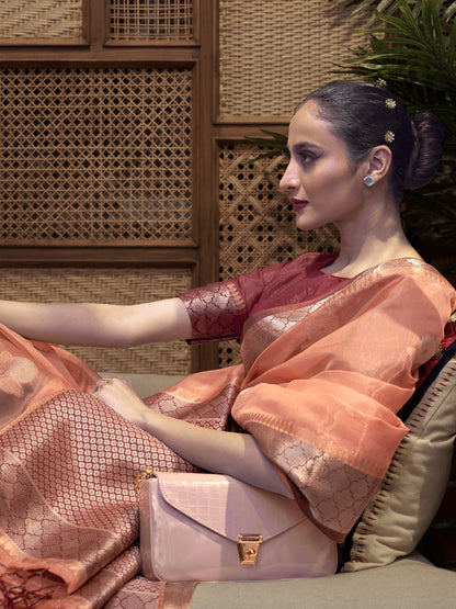 Women's Organza Peach Woven Design Designer Saree With Blouse Piece