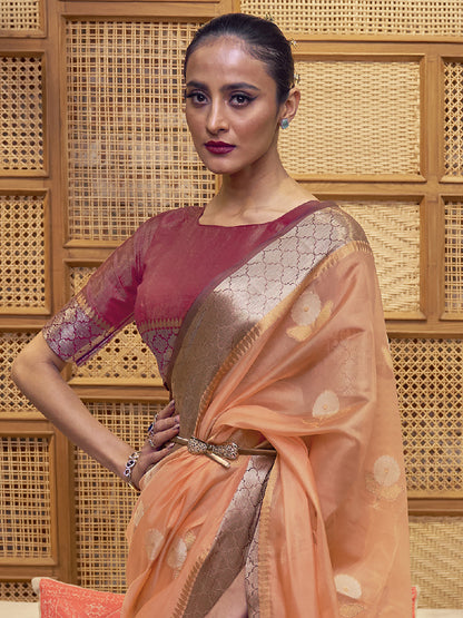 Women's Organza Peach Woven Design Designer Saree With Blouse Piece