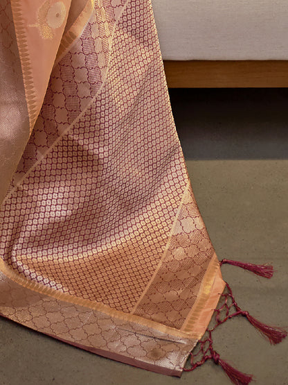 Women's Organza Peach Woven Design Designer Saree With Blouse Piece