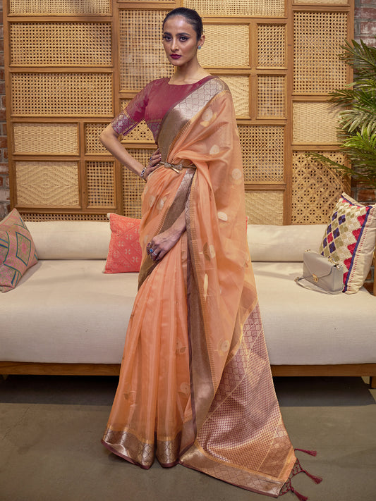 Women's Organza Peach Woven Design Designer Saree With Blouse Piece