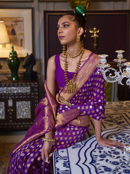 Women's Silk Blend Purple Woven Design Designer Saree With Blouse Piece
