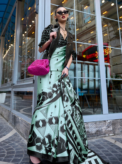 Women's Satin Sea Green Printed Designer Saree With Blouse Piece