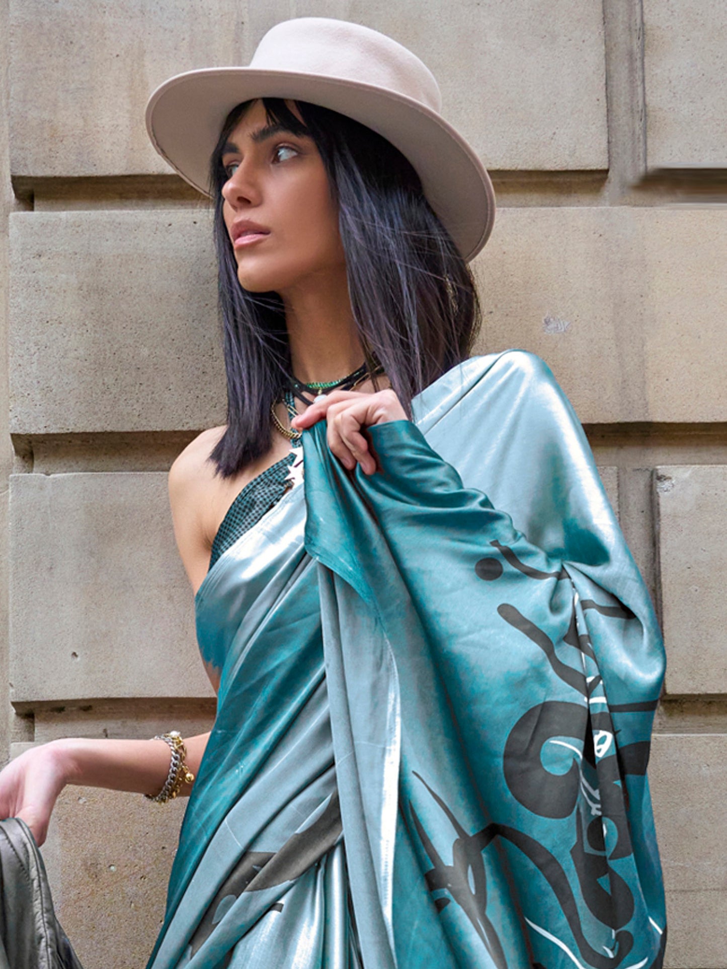 Women's Satin Blue Printed Designer Saree With Blouse Piece