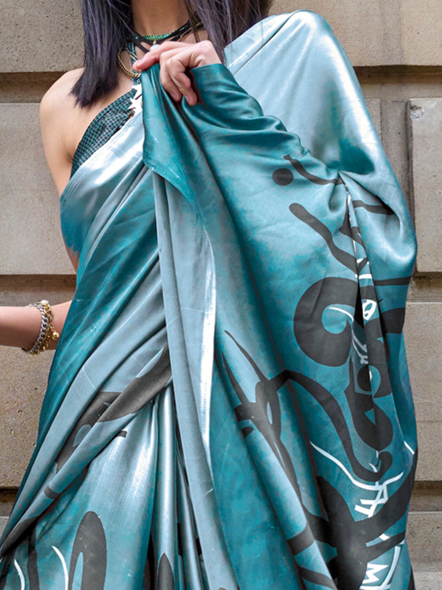 Women's Satin Blue Printed Designer Saree With Blouse Piece