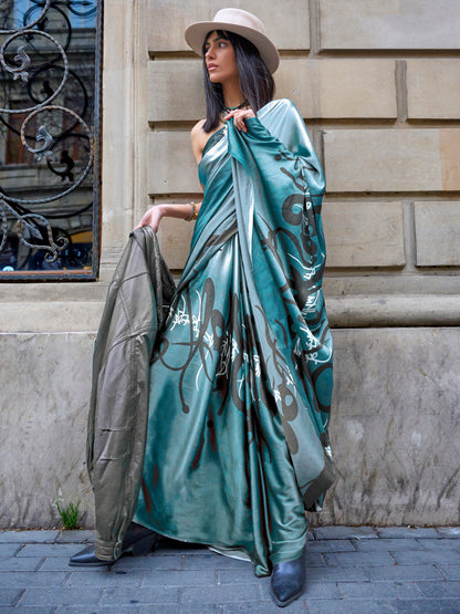 Women's Satin Blue Printed Designer Saree With Blouse Piece