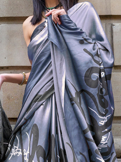 Women's Satin Grey Printed Designer Saree With Blouse Piece