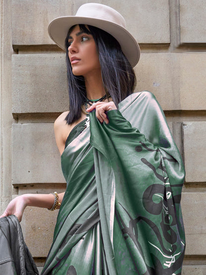 Women's Satin Green Printed Designer Saree With Blouse Piece