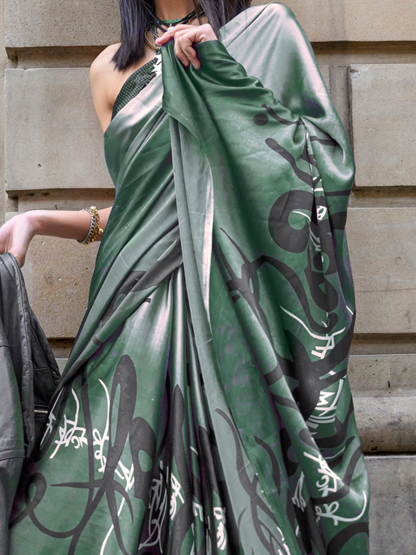 Women's Satin Green Printed Designer Saree With Blouse Piece