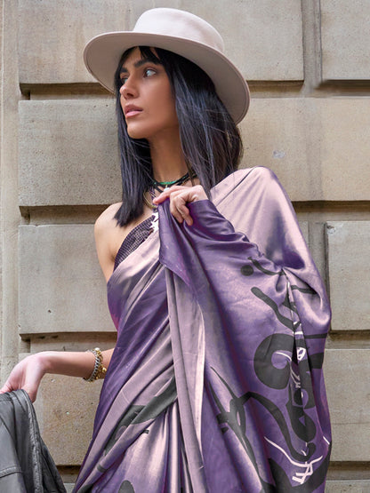 Women's Satin Purple Printed Designer Saree With Blouse Piece