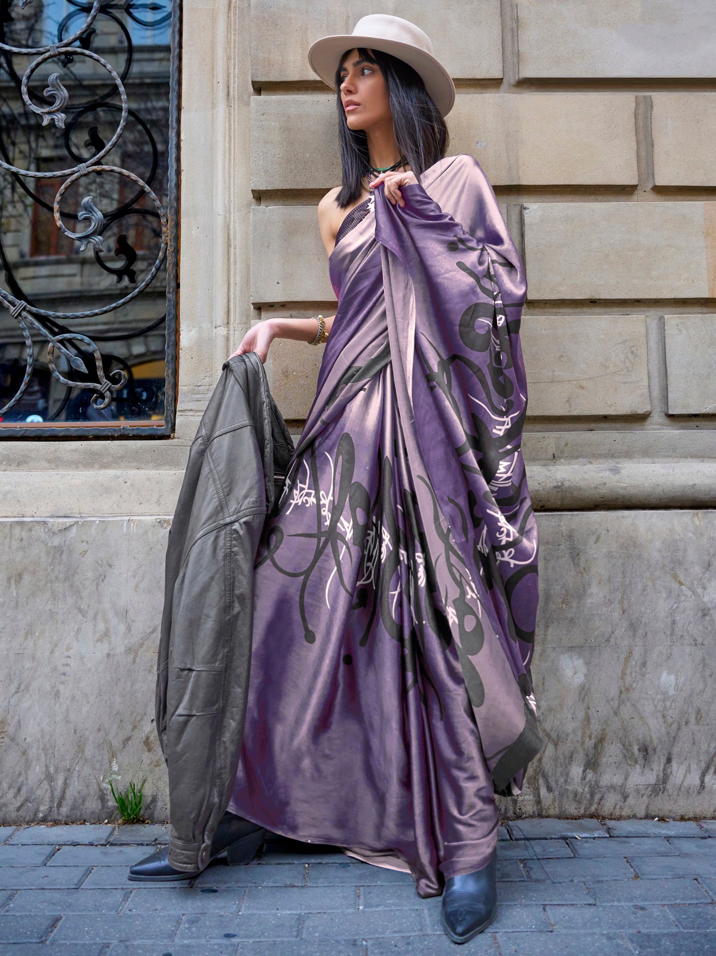 Women's Satin Purple Printed Designer Saree With Blouse Piece