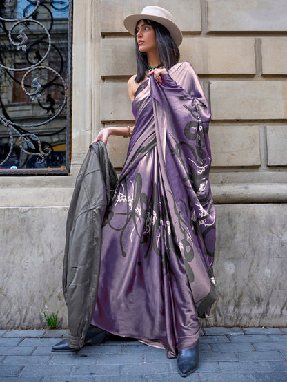 Women's Satin Purple Printed Designer Saree With Blouse Piece