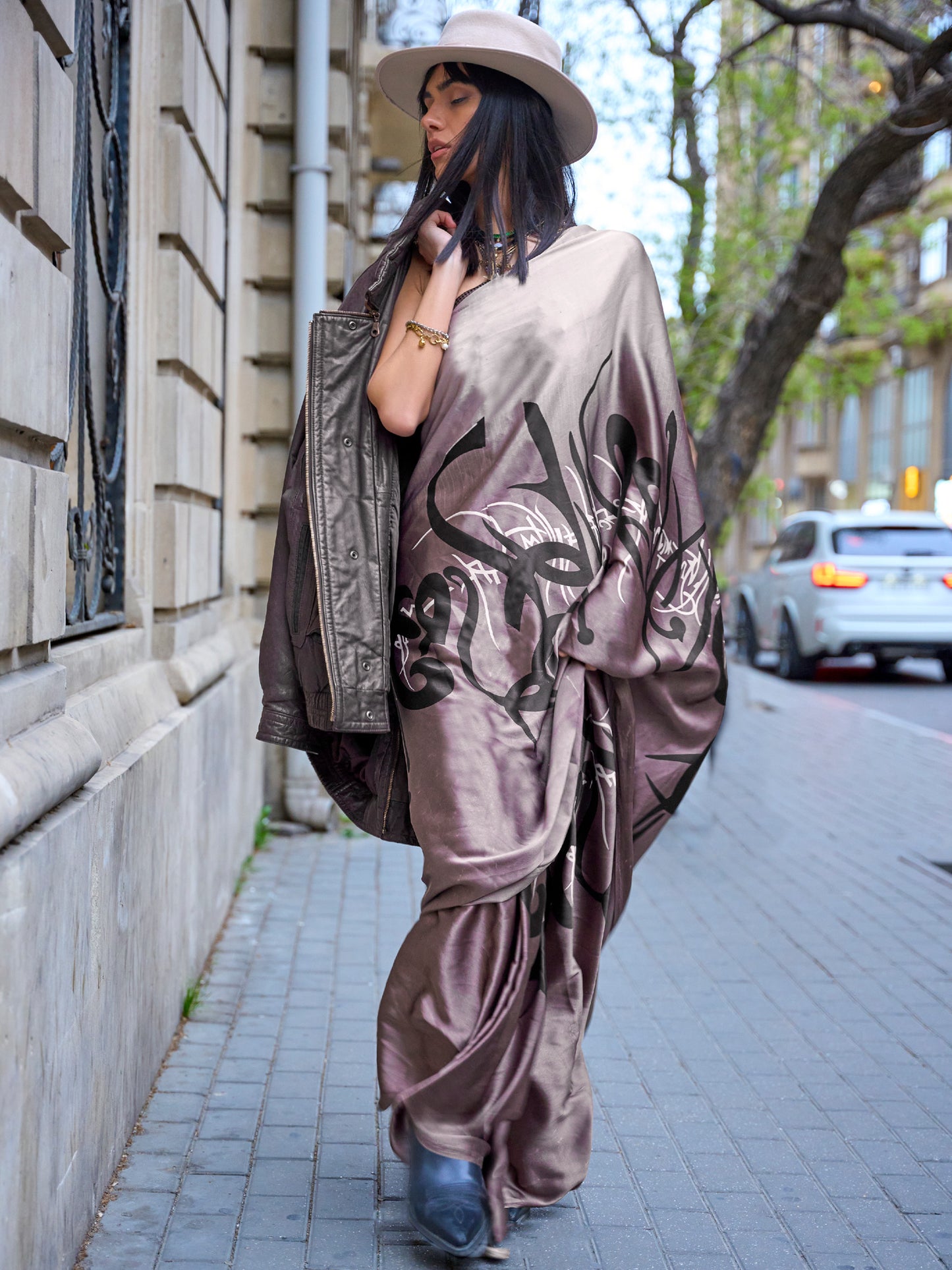 Women's Satin Coffee Brown Printed Designer Saree With Blouse Piece