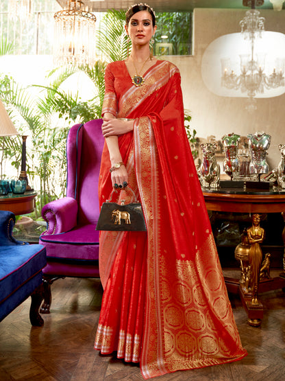 Women's Silk Blend Red Woven Design Handloom Saree With Blouse Piece