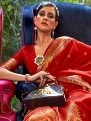 Women's Silk Blend Red Woven Design Handloom Saree With Blouse Piece