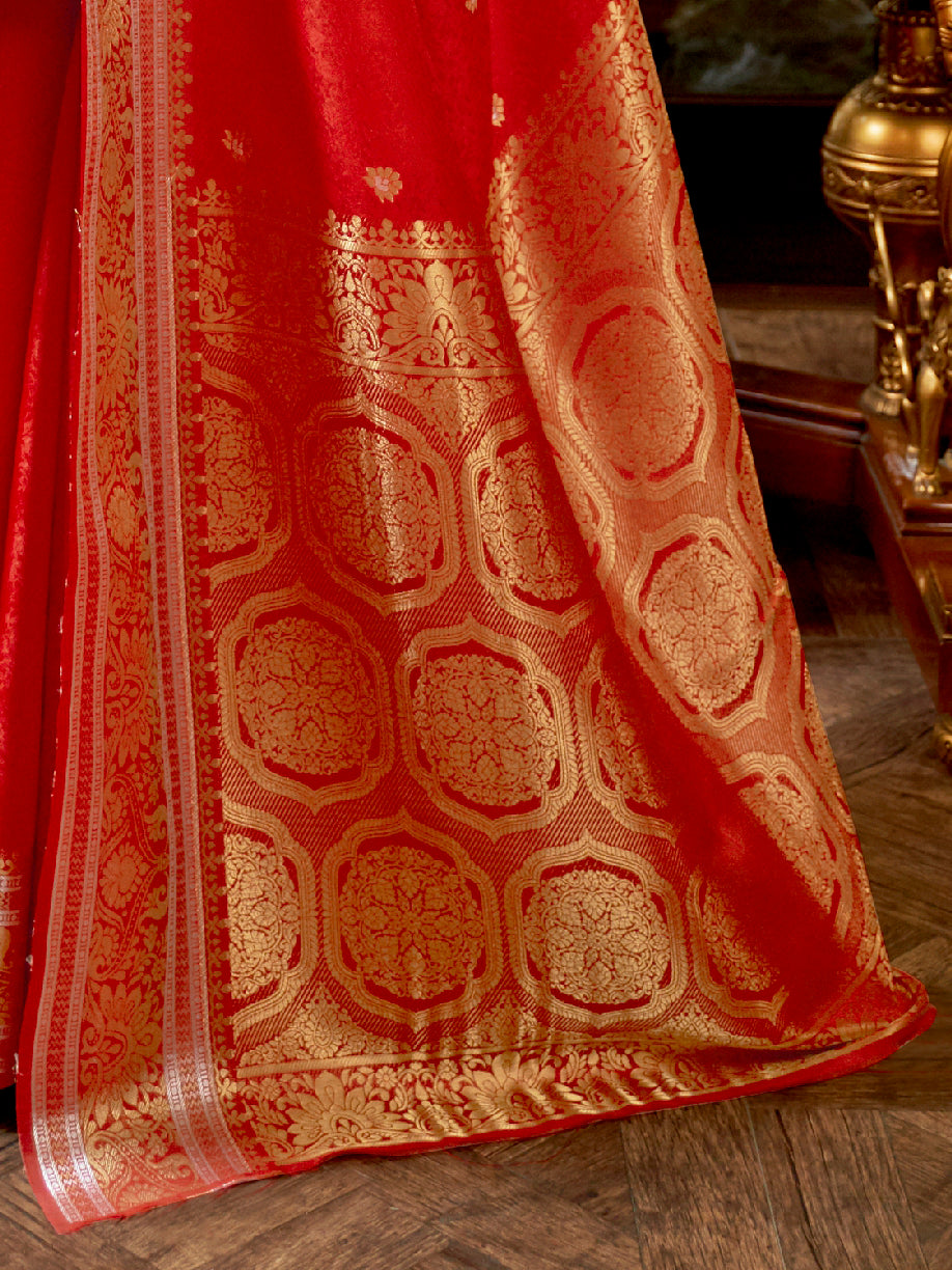 Women's Silk Blend Red Woven Design Handloom Saree With Blouse Piece