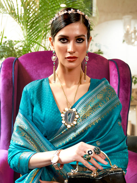 Women's Silk Blend Teal blue Woven Design Handloom Saree With Blouse Piece