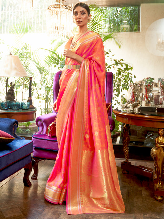 Women's Silk Blend Peach Woven Design Handloom Saree With Blouse Piece