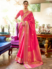 Women's Silk Blend Pink Woven Design Handloom Saree With Blouse Piece