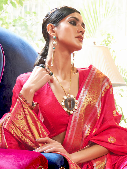 Women's Silk Blend Pink Woven Design Handloom Saree With Blouse Piece