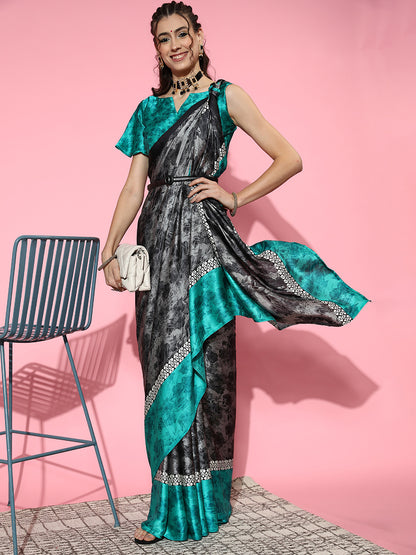 Women's Crepe Grey Printed Celebrity Saree With Blouse Piece