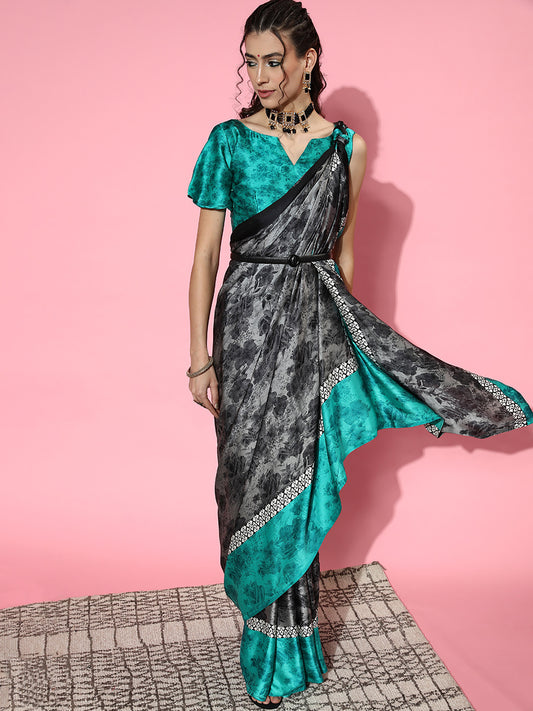 Women's Crepe Grey Printed Celebrity Saree With Blouse Piece