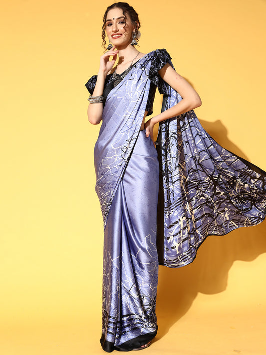 Women's Crepe Blue Printed Celebrity Saree With Blouse Piece