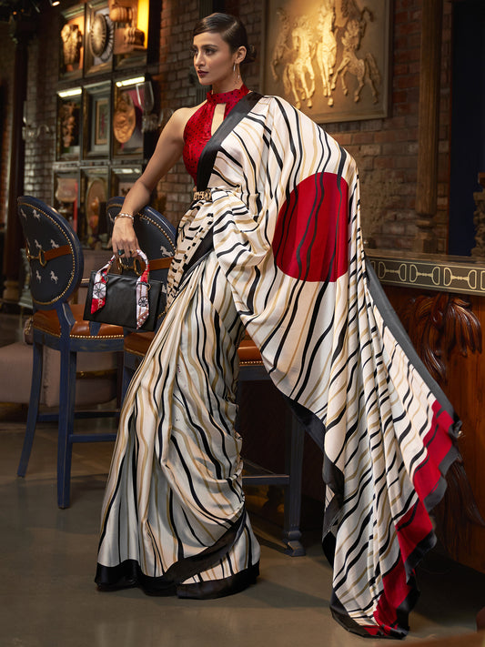 Women's Crepe Off White Printed Celebrity Saree With Blouse Piece