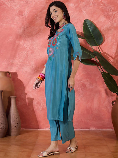 Dhiyona SN Women's Floral Yoke Design Notch Neck Sequinned Straight Kurta With Trouser