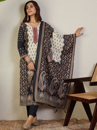 Ethnic Motifs Printed Round Neck Pure Cotton Kurta With Trousers & Dupatta