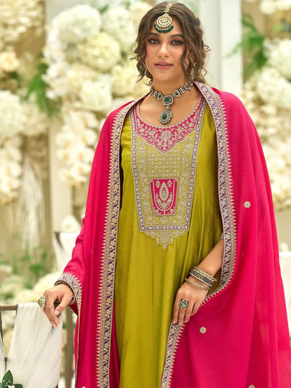 Motifs Yoke Design Notch Neck Sequinned Anarkali Kurta & Trousers With Dupatta