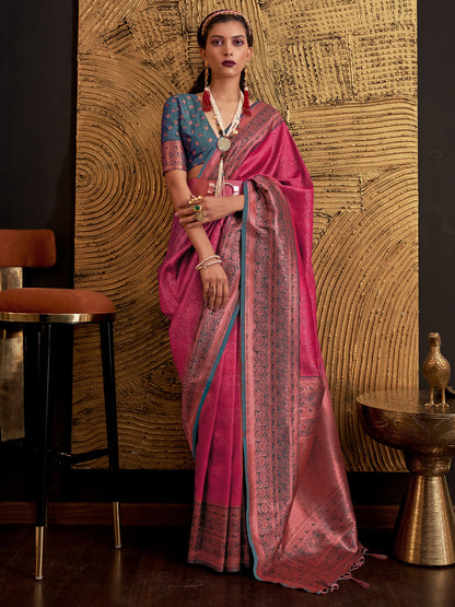 Women's Silk Blend Pink Woven Design Designer Saree With Blouse Piece