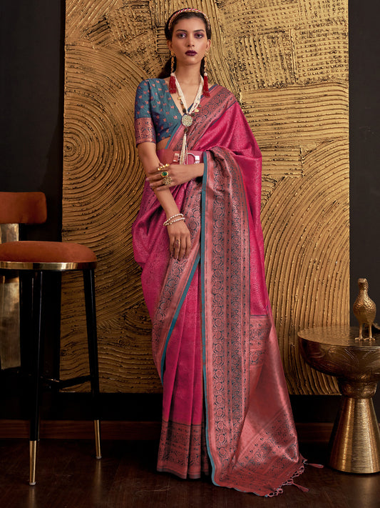 Women's Silk Blend Pink Woven Design Designer Saree With Blouse Piece