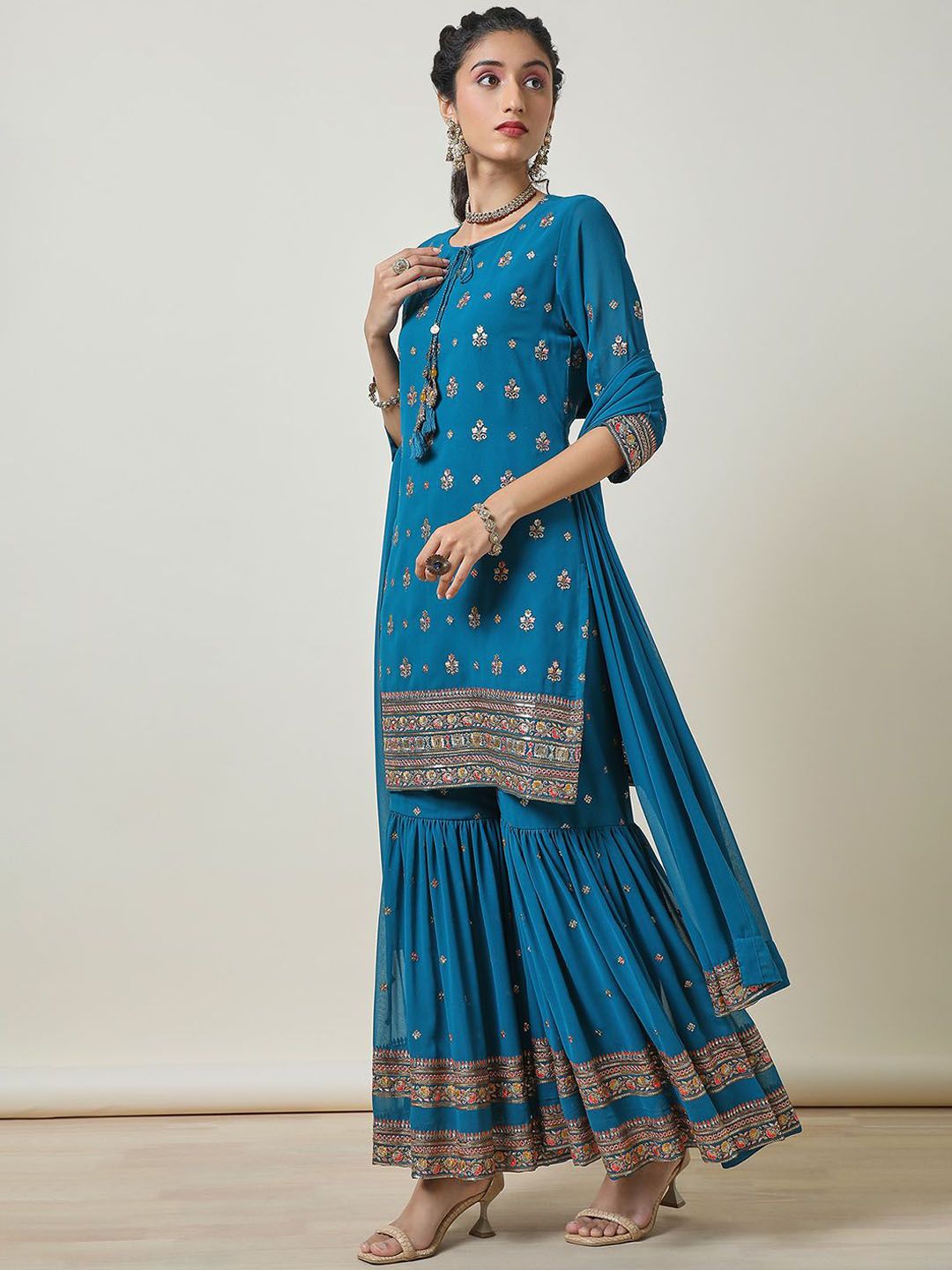 Dhiyona SO Women's Women Ethnic Motifs Embroidered Regular Thread Work Kurta with Sharara & With Dupatta