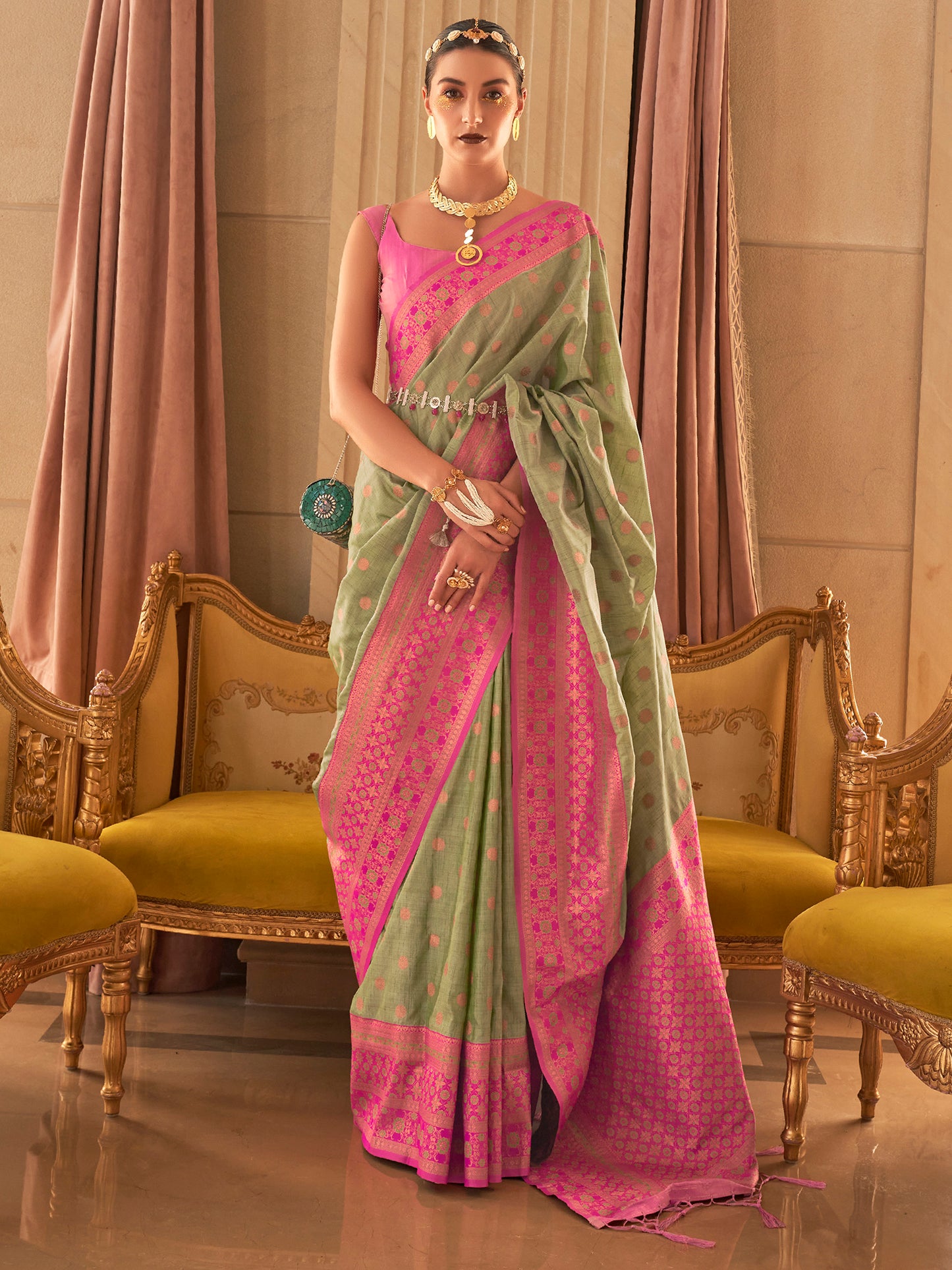 Women's Silk Blend Green Woven Design Designer Saree With Blouse Piece