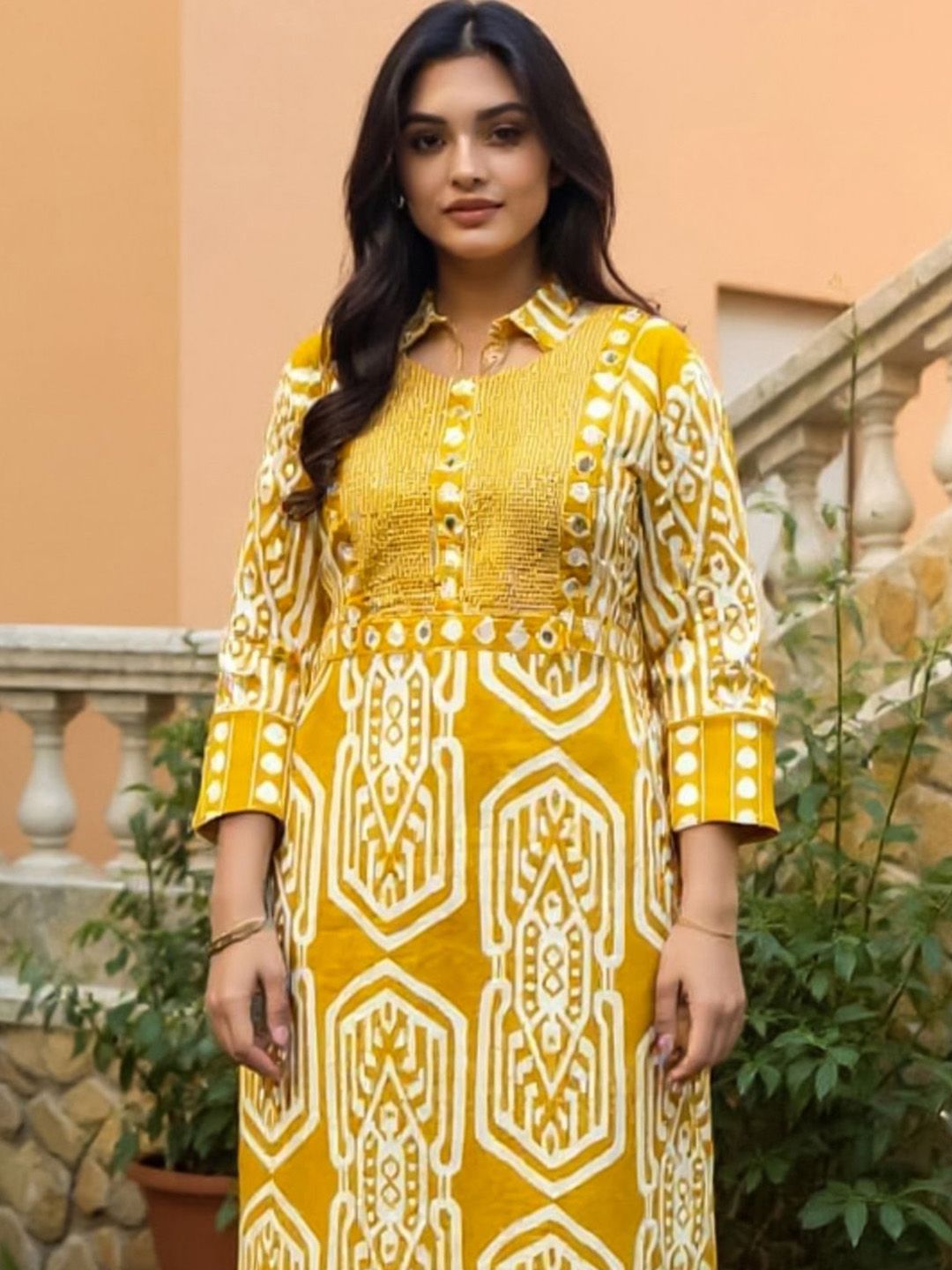 Dhiyona IE Ethnic Motifs Printed Mirror Work Pure Cotton Straight Kurta With Trousers