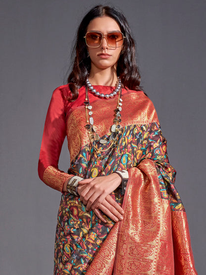 Women's Silk Blend Black Woven Design Designer Saree With Blouse Piece