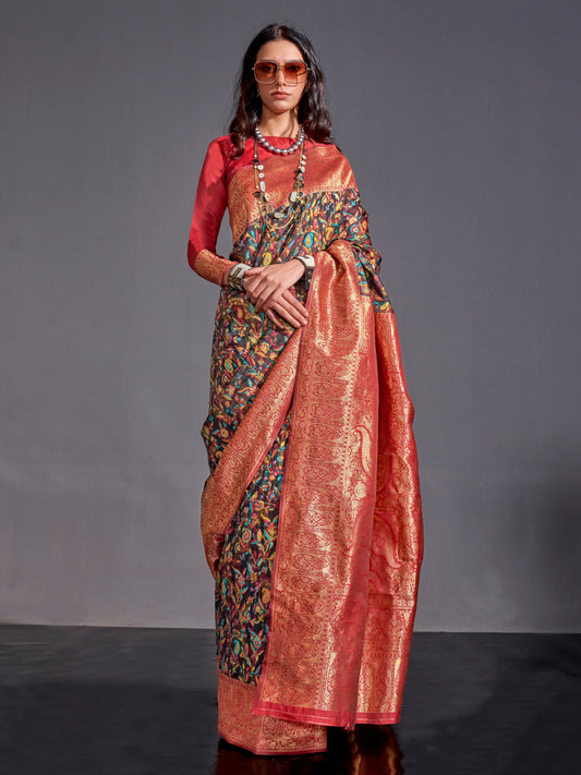 Women's Silk Blend Black Woven Design Designer Saree With Blouse Piece