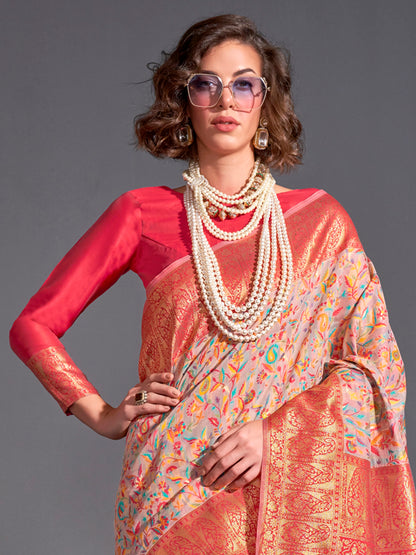 Women's Silk Blend Beige Woven Design Designer Saree With Blouse Piece