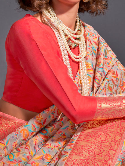 Women's Silk Blend Beige Woven Design Designer Saree With Blouse Piece