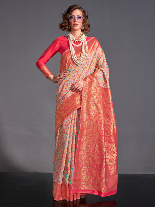 Women's Silk Blend Beige Woven Design Designer Saree With Blouse Piece