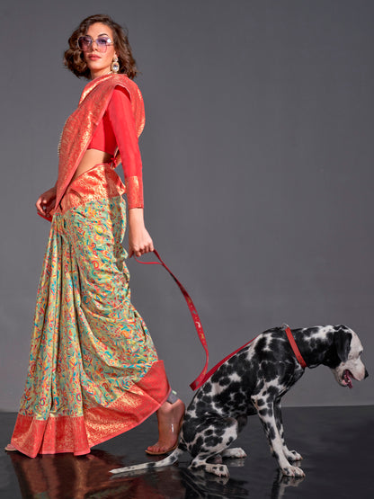 Women's Silk Blend Sea Green Woven Design Designer Saree With Blouse Piece