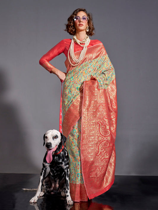 Women's Silk Blend Sea Green Woven Design Designer Saree With Blouse Piece