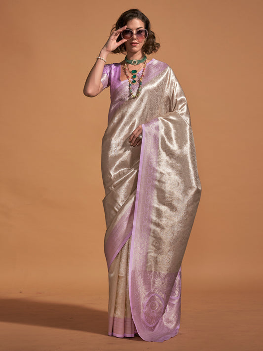 Women's Kanjeevaram Silk Cream Woven Design Designer Saree With Blouse Piece